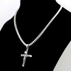 925 Sterling Silver Box Chain w Crucifix Pendant, 16", 3.8mm | Christian Cross